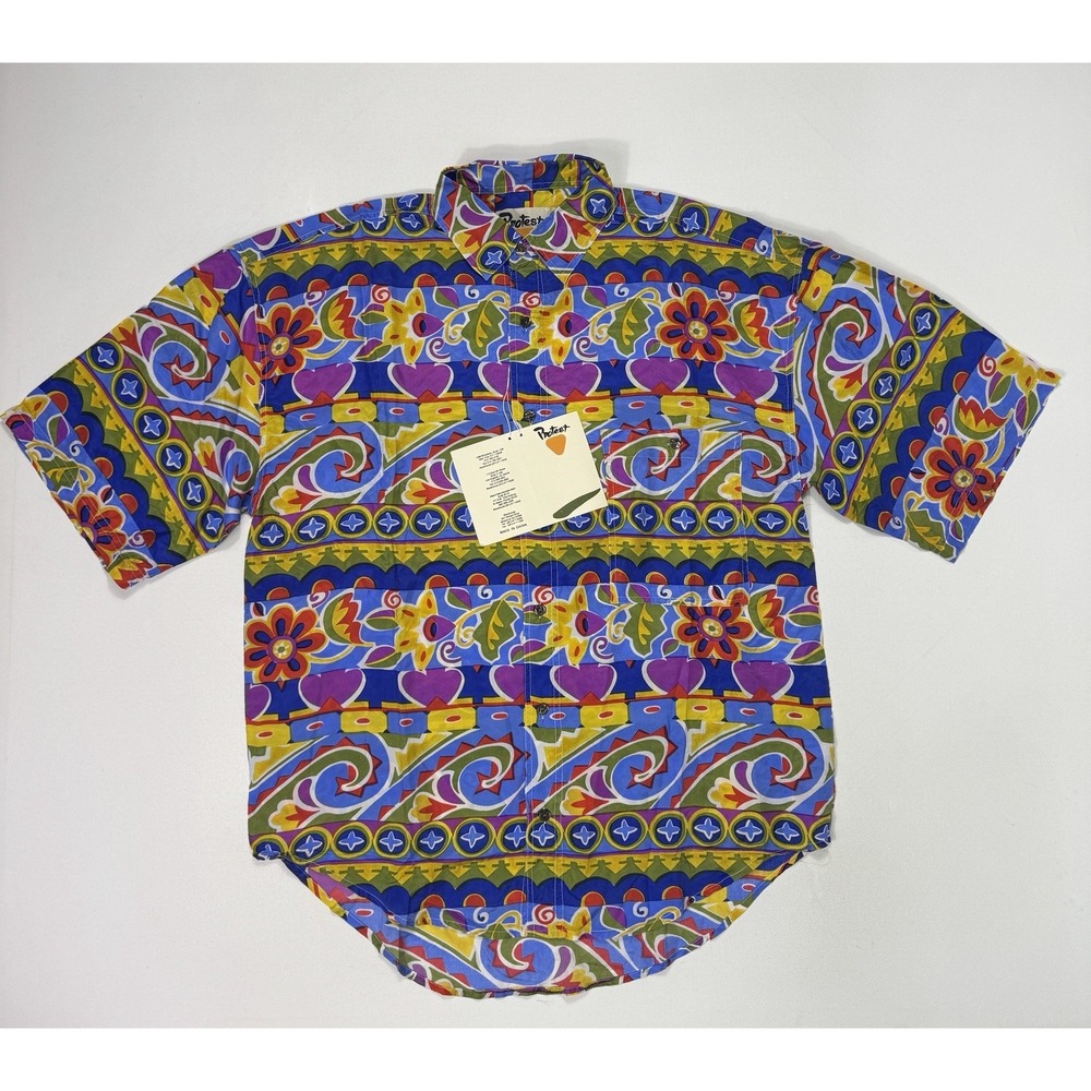 Protest Vintage 100% Silk Shirt Mens Medium Floral Abstract AOP 90s Beach Party